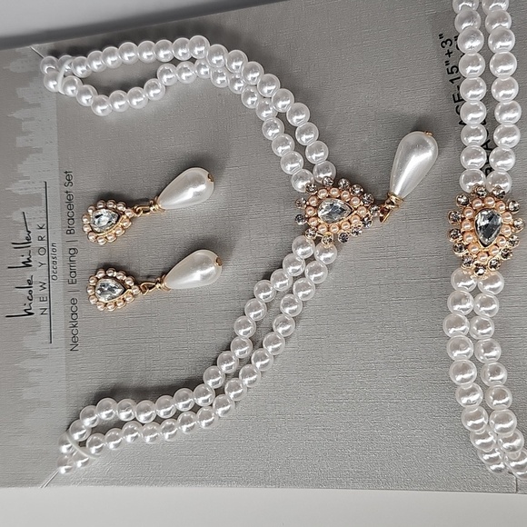 Nicole Miller 3-Piece Set w Faux Pearl Earrings 2-Strand Necklace & Bracelet - Picture 7 of 11